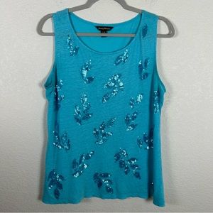 90’s Tommy Bahama Women’s Sz L turquoise sleeveless tank sequin leaves Bohemian